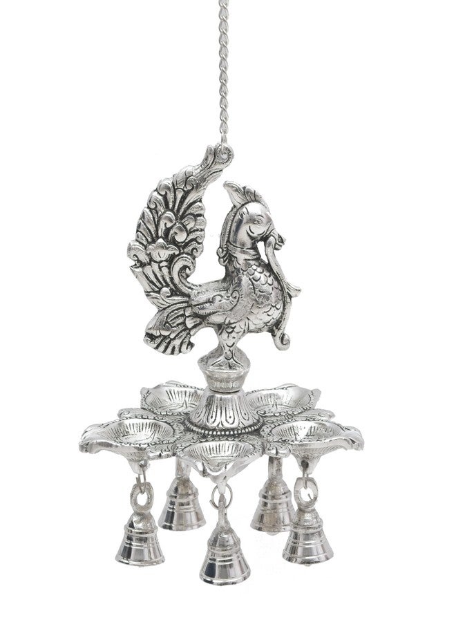 HOUZZPLUS Peacock Diya Lamp with Bells for Pooja Hanging Diya, Samai Hanging Oil Lamp, Panchmukhi Diya Peacock Design (Silver) - Image 3